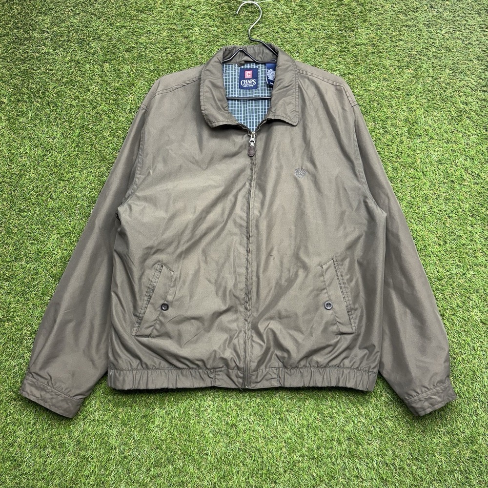 CHAPS Mens Large Harrington Jacket Coat Tan Khaki Plaid lining EUC